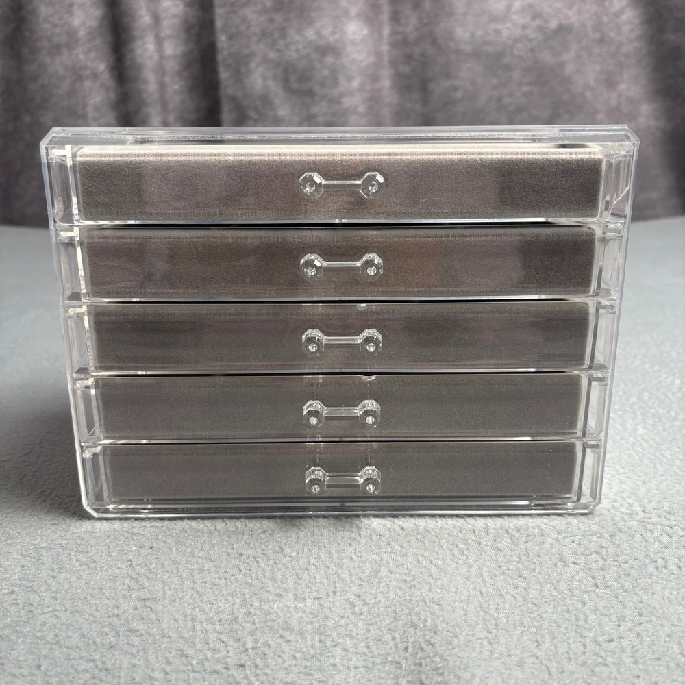 Acrylic Jewelry Organizer 5 Drawer Clear Velvet Lined Storage Box Grey Inserts